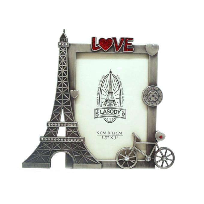 marco del rectángulo del metal del recuerdo de la torre Eiffel de 3.5*5inch París con amor del diamante artificial