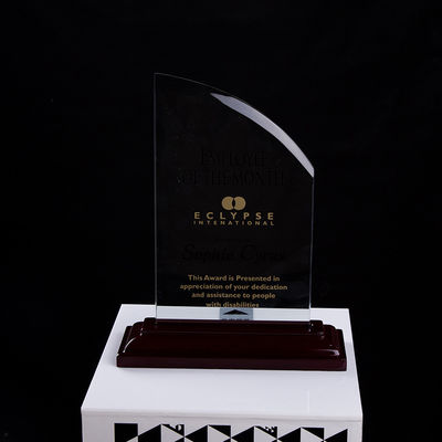 Customized shape laser engraving logo foil gold silver wooden base trophy