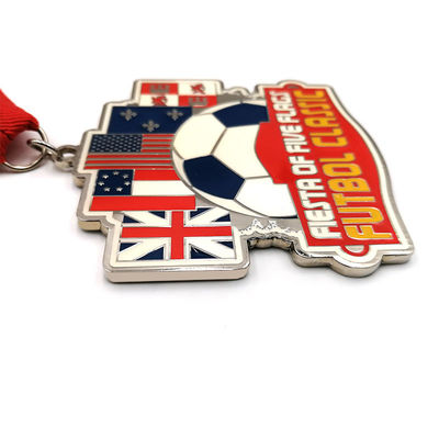 Red Ribbon Custom Metal Medals And Awards with national flags